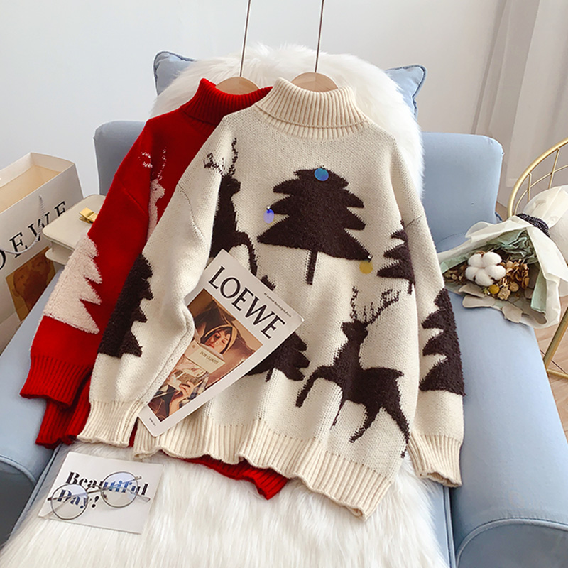 Turtleneck Christmas Women Sweater Printed Pullover