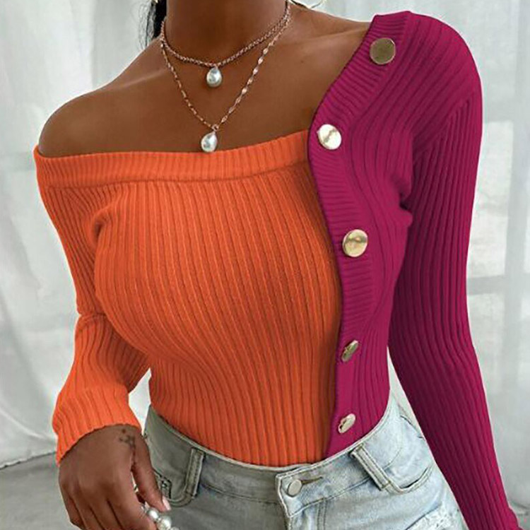 Women Sweater Sexy Slim Stitching Button