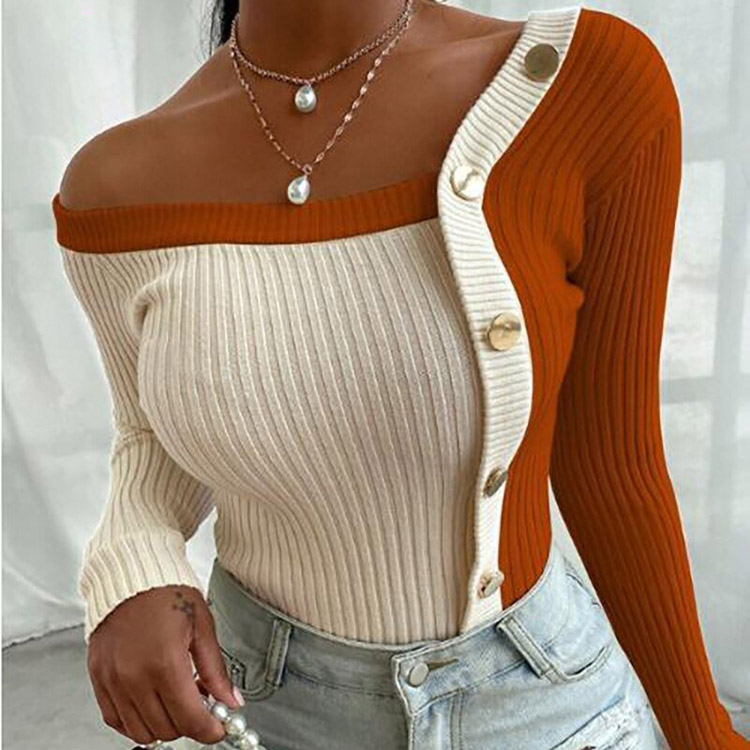 Women Sweater Sexy Slim Stitching Button
