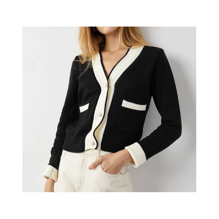 Women's Black Pocketed Cardigan V-neck Knitted Sweater