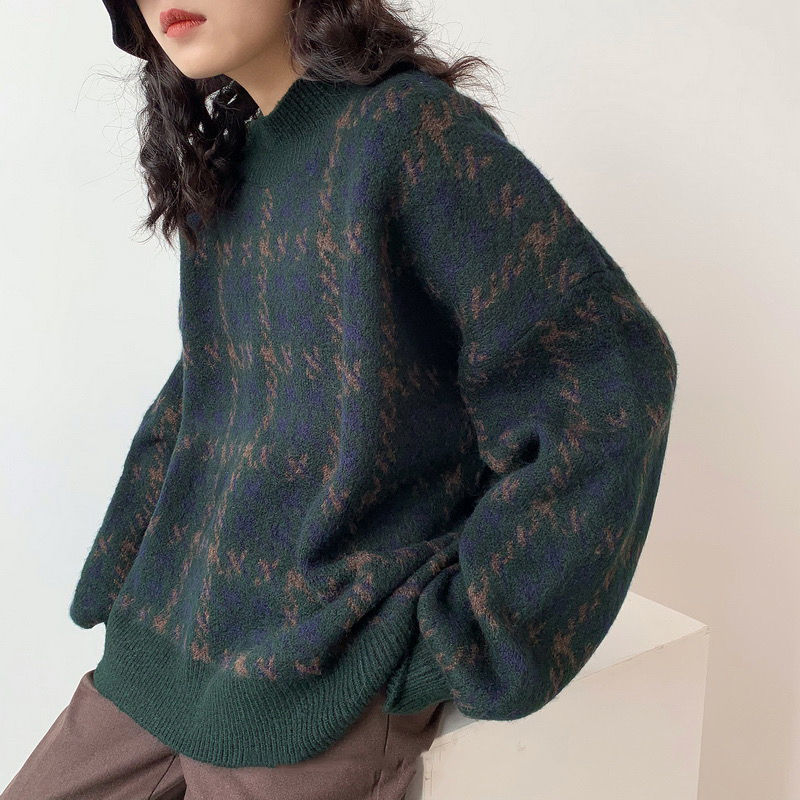Plaid Elegant Loose Knit Sweater Lady