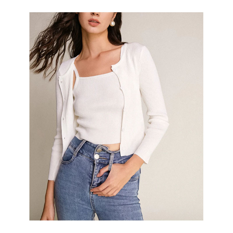 Women White Knit Cropped Cardigan Set
