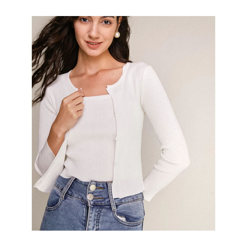 Women White Knit Cropped Cardigan Set