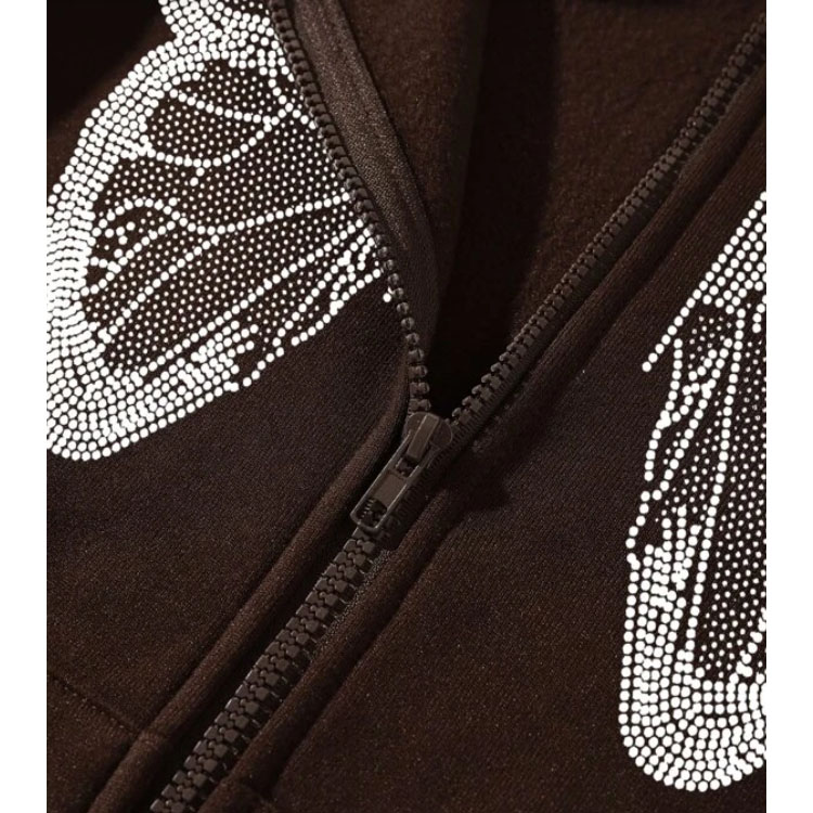 Butterfly Print Zip Drawstring Brown Hoodie