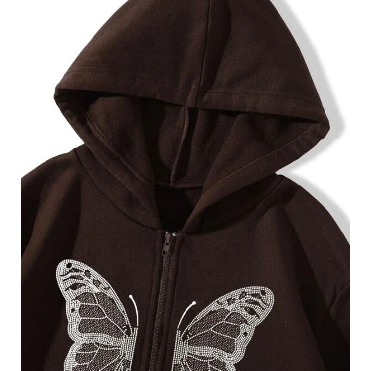 Butterfly Print Zip Drawstring Brown Hoodie