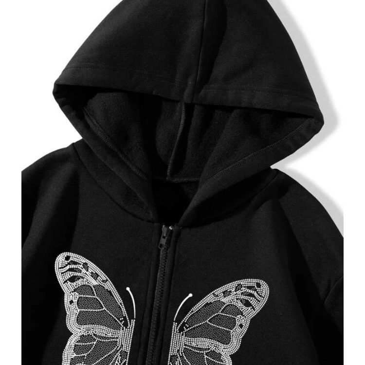 Butterfly Print Zip Drawstring Black Hoodie