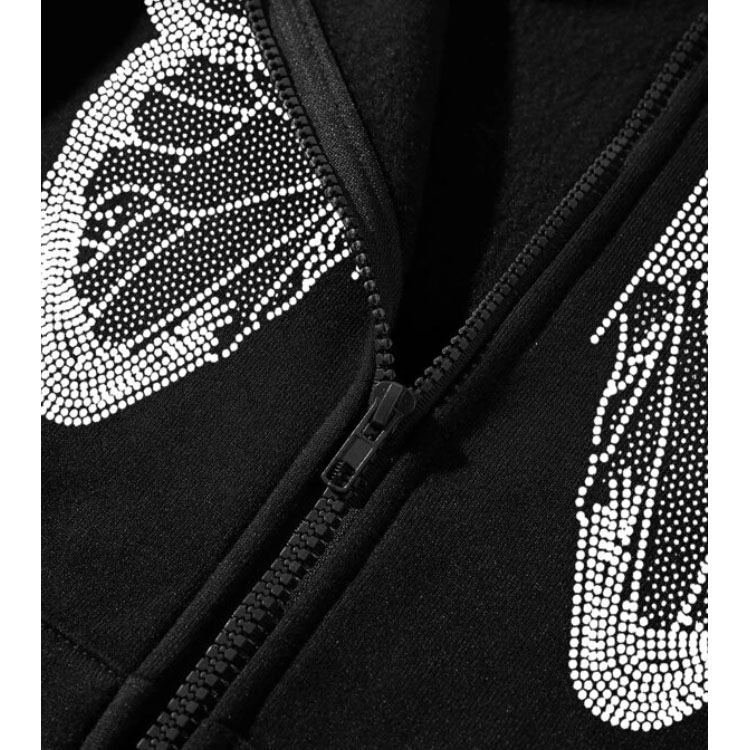 Butterfly Print Zip Drawstring Black Hoodie
