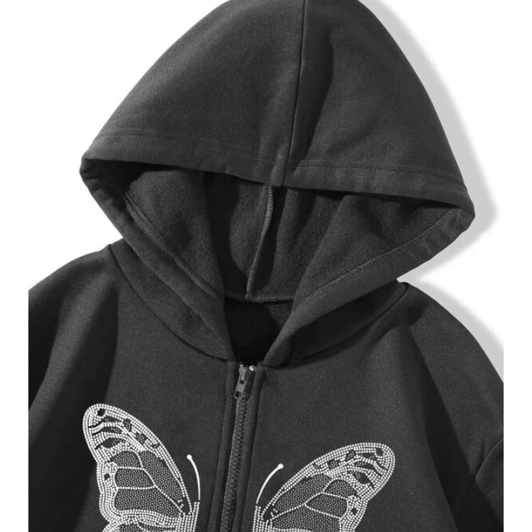 Butterfly Zip Drawstring Dark Grey Hoodie