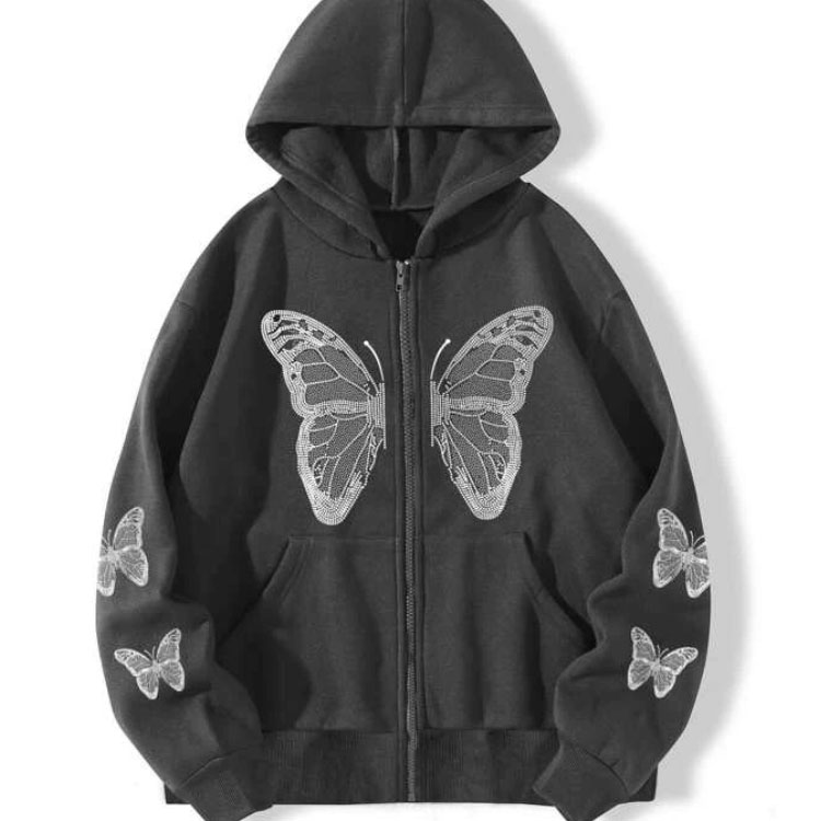 Butterfly Zip Drawstring Dark Grey Hoodie