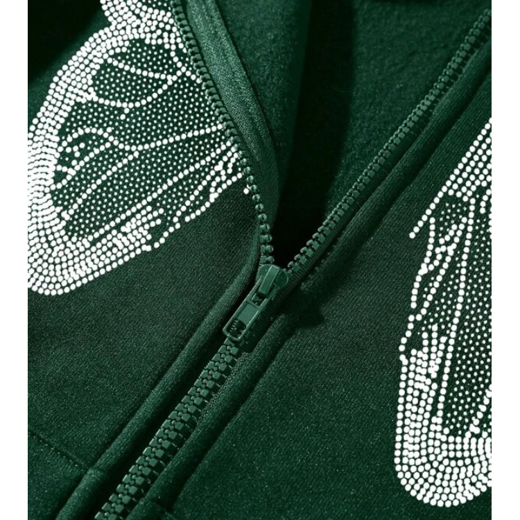 Butterfly Zip Drawstring Dark Green Hoodie