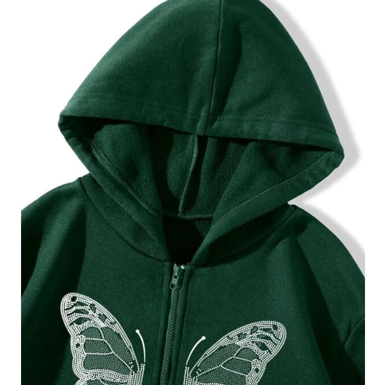 Butterfly Zip Drawstring Dark Green Hoodie