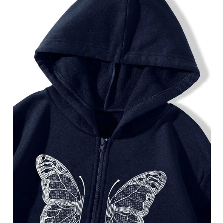 Butterfly Zip Drawstring Navy Blue Hoodie