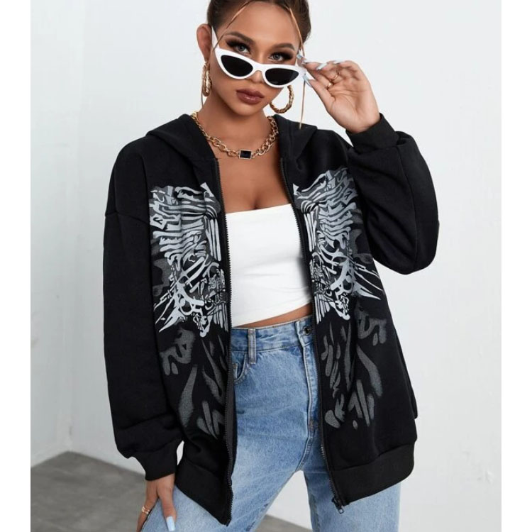 Unisex Print Drop Shoulder Zipper Hoodie