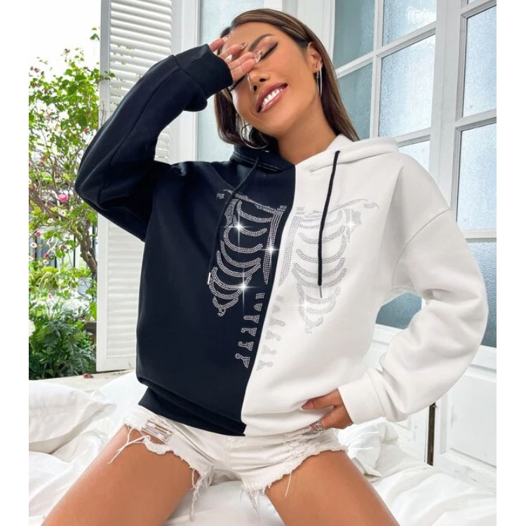 Skeleton Pattern Two Tone Drawstring Hoodie