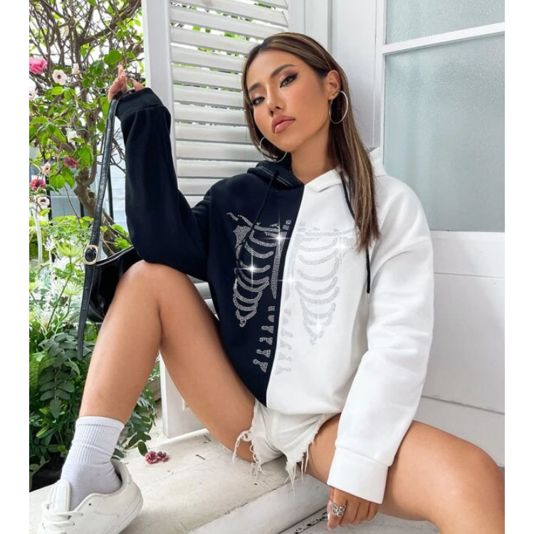 Skeleton Pattern Two Tone Drawstring Hoodie