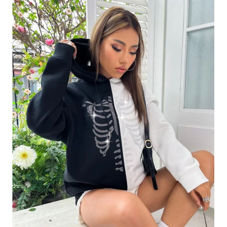 Skeleton Pattern Two Tone Drawstring Hoodie