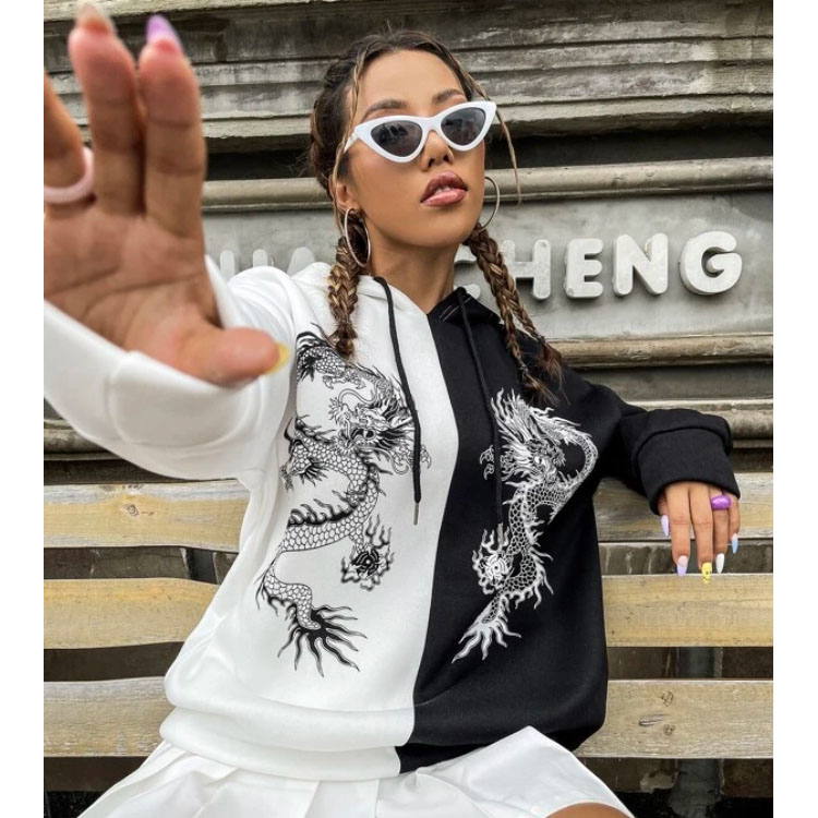 Chinese Dragon Print Two Tone Hoodie