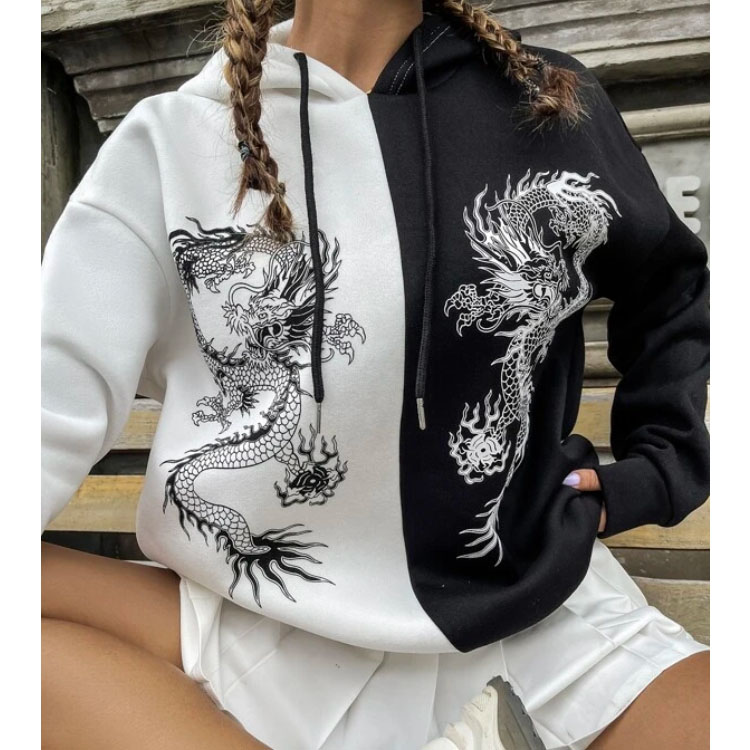 Chinese Dragon Print Two Tone Hoodie