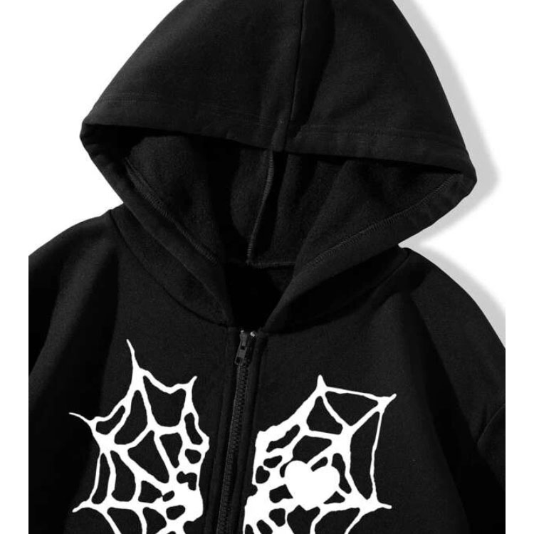 Spider Web & Heart Print Zipper Hoodie