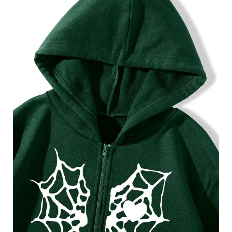 Spider Web Green Print Zipper Hoodie