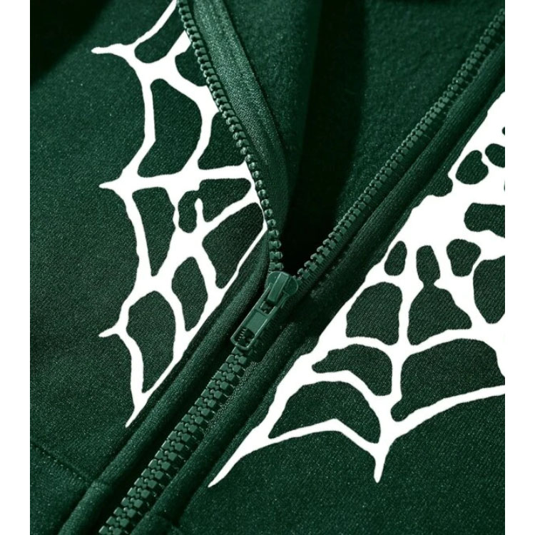 Spider Web Green Print Zipper Hoodie