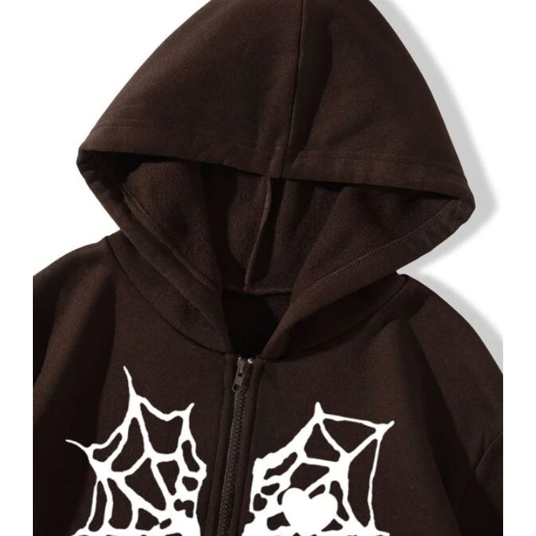 Spider Web Brown Print Zipper Hoodie