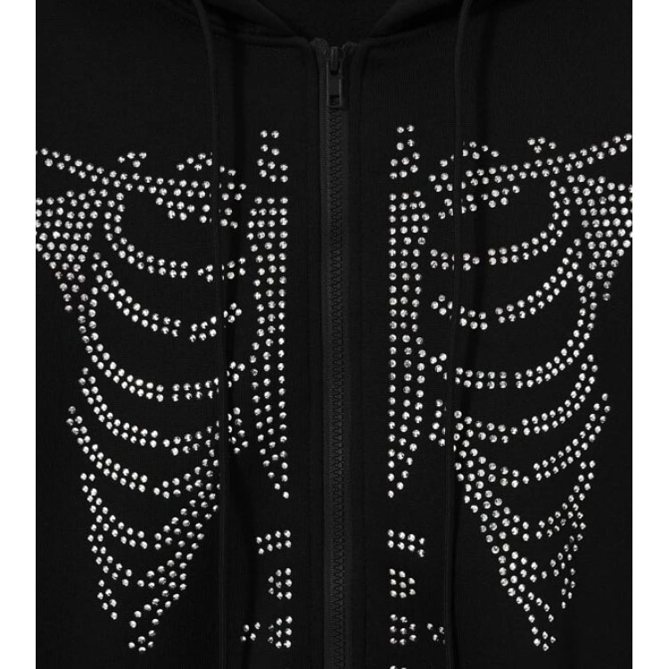 Skeleton Pattern Zip Up Drawstring Hoodie