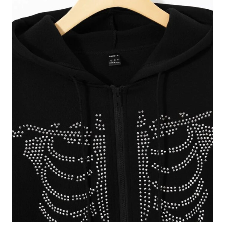 Skeleton Pattern Zip Up Drawstring Hoodie