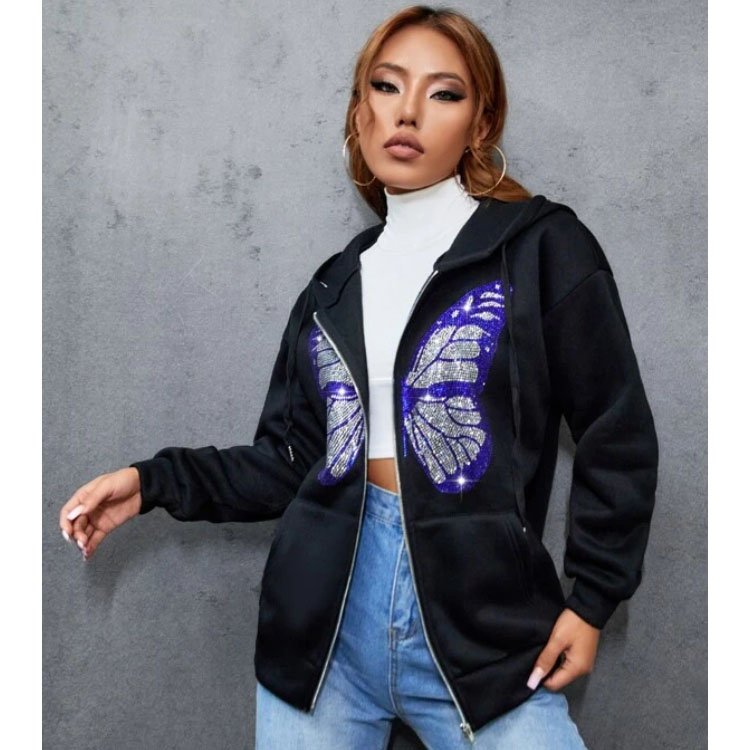 Butterfly Sticking Drill Zip Hoodie Women's Sweater