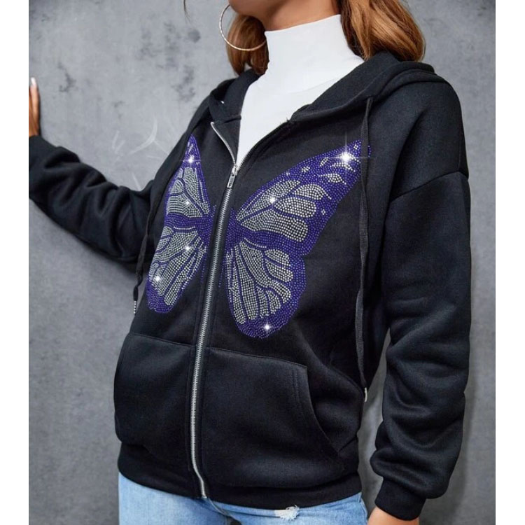 Butterfly Sticking Drill Zip Hoodie Women's Sweater