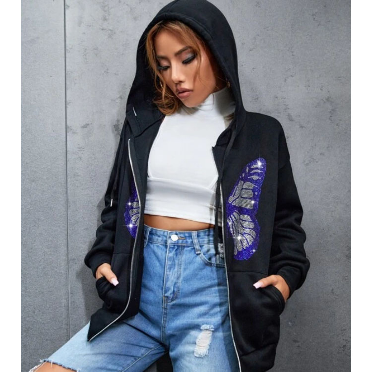 Butterfly Sticking Drill Zip Hoodie Women's Sweater