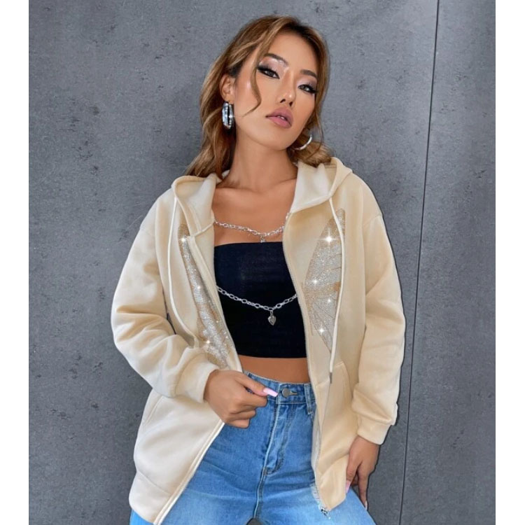 Sticking drill Zip Apricot Hoodie Women's