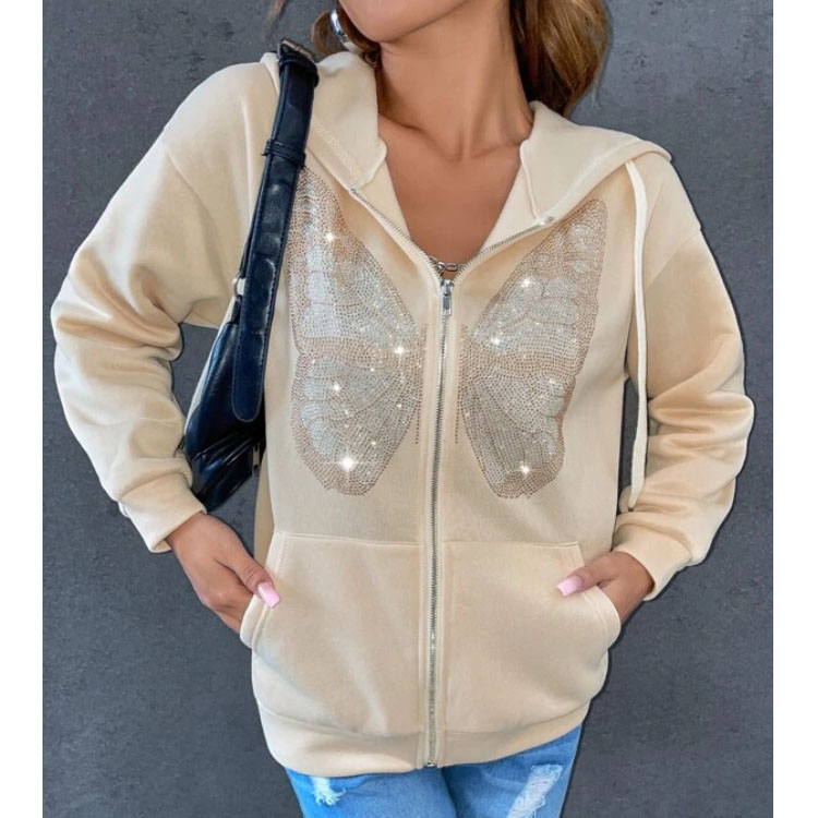 Sticking drill Zip Apricot Hoodie Women's