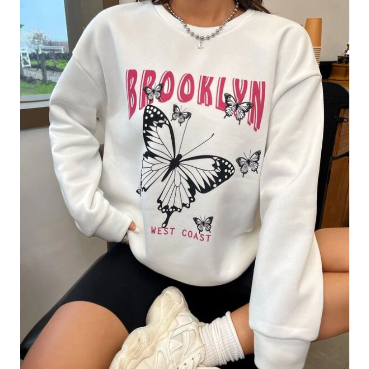 Women's White Crew Neck Pullover Hoodie