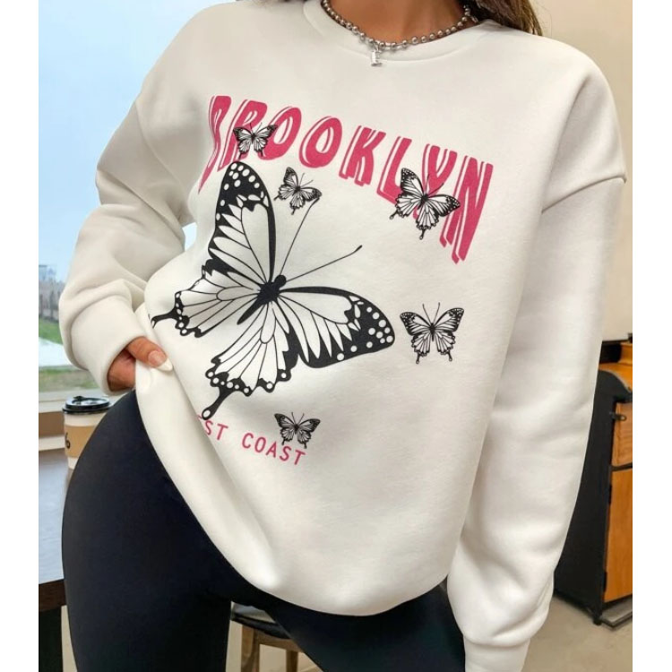 Women's White Crew Neck Pullover Hoodie