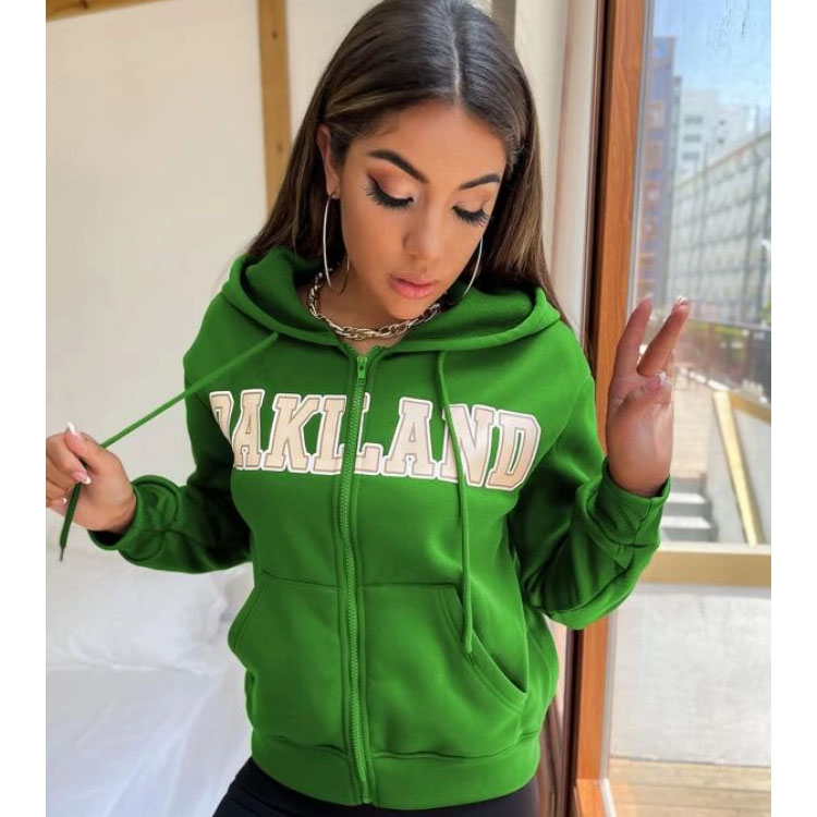 Women's Letter Graphic Zipper Green Hoodie