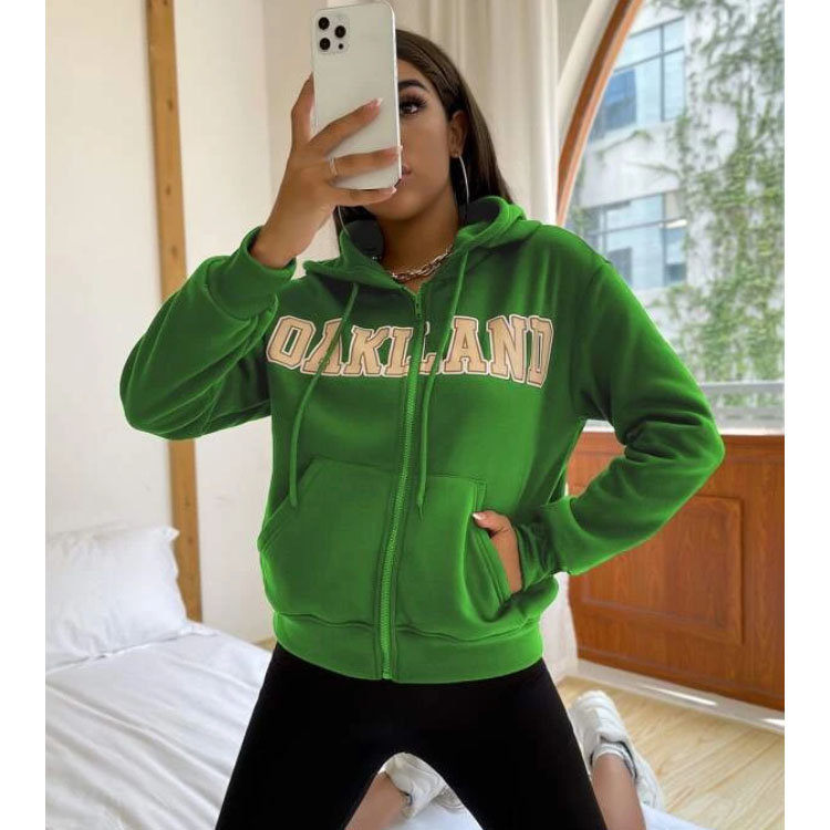 Women's Letter Graphic Zipper Green Hoodie