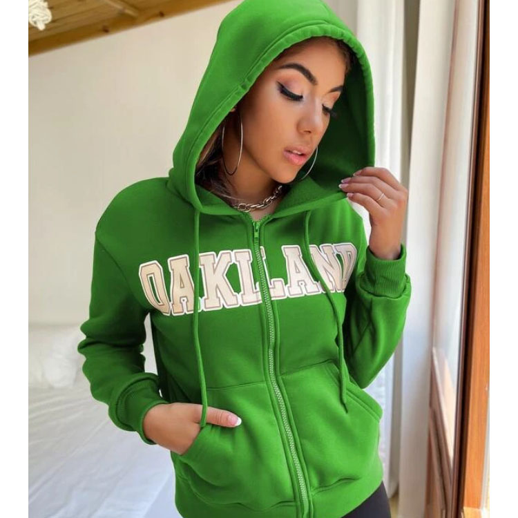 Women's Letter Graphic Zipper Green Hoodie