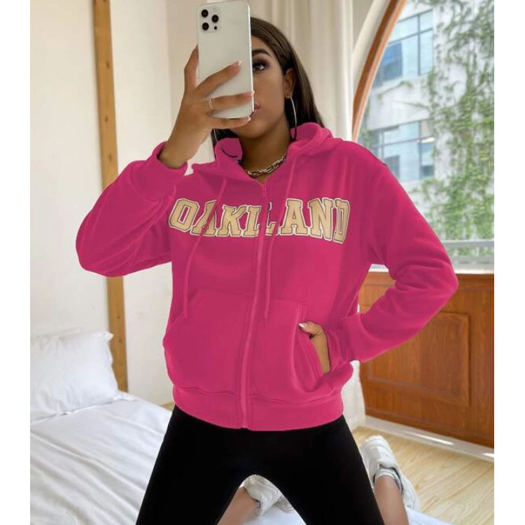 Women's Letter Graphic Zipper Pink Hoodie
