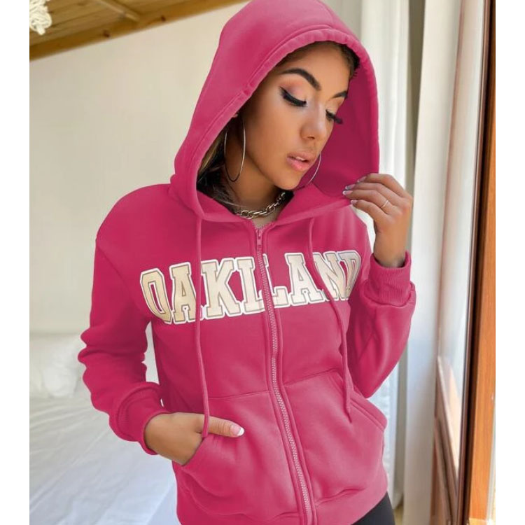 Women's Letter Graphic Zipper Pink Hoodie