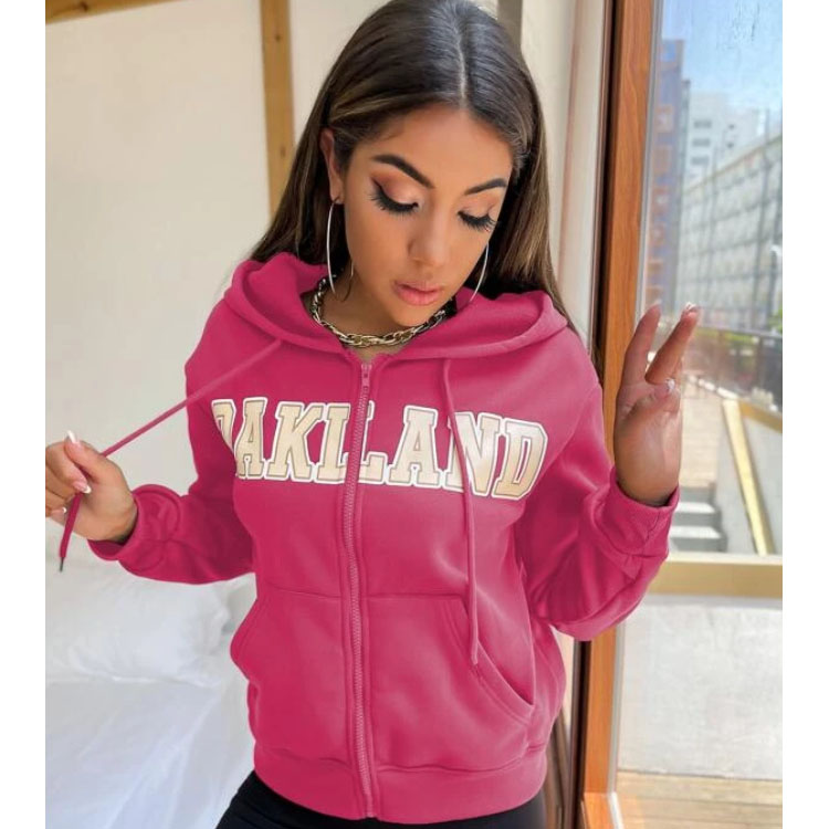 Women's Letter Graphic Zipper Pink Hoodie