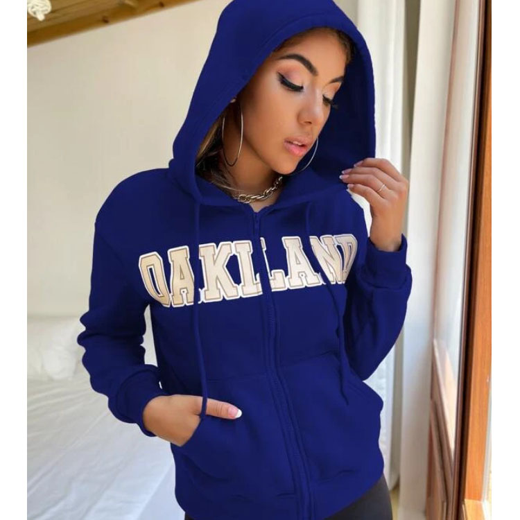 Women's Letter Graphic Zipper Blue Hoodie