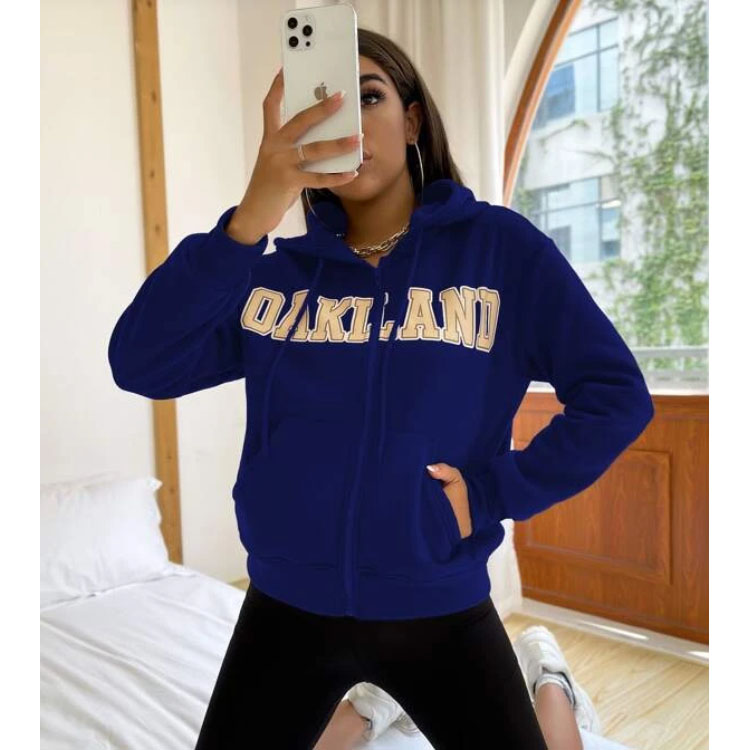 Women's Letter Graphic Zipper Blue Hoodie