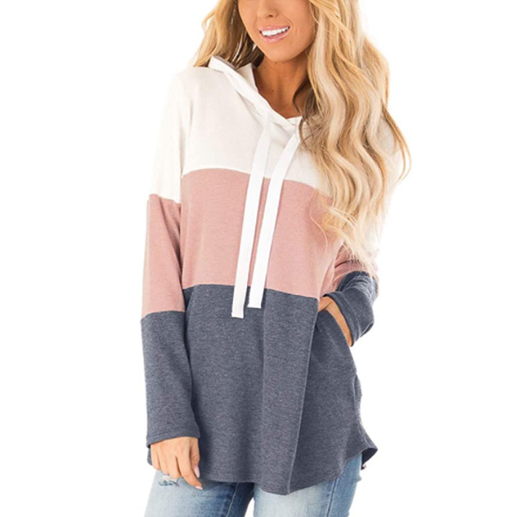Womens Striped Hoodies Sweatshirt Drawstring Jumper