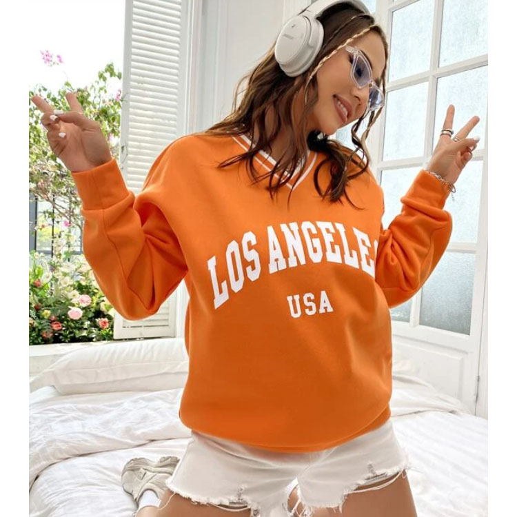 Women's Letter Graphic Orange V-neck Pullover