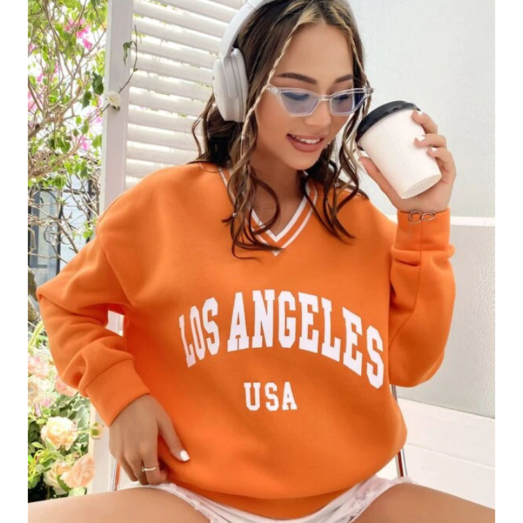 Women's Letter Graphic Orange V-neck Pullover