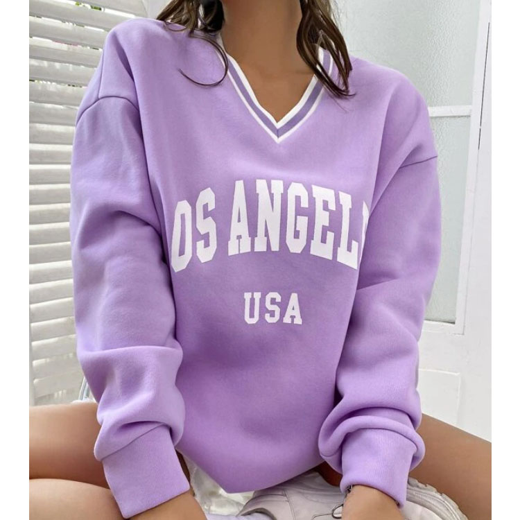 Women's Letter Graphic Purple V-neck Pullover