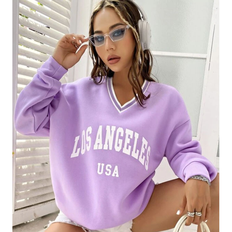 Women's Letter Graphic Purple V-neck Pullover