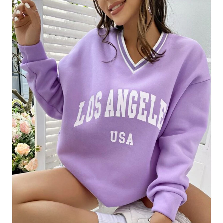Women's Letter Graphic Purple V-neck Pullover