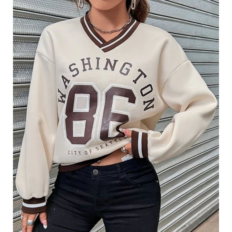 Women's Letter Graphic V-neck Beige Sweatshirt